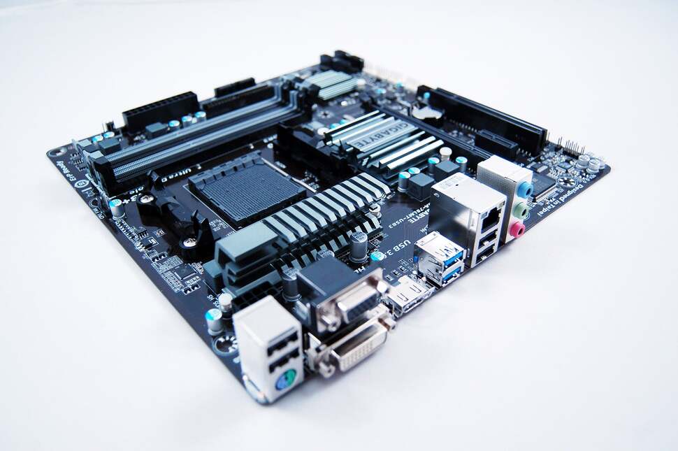 Our motherboard - the Gigabyte GA-78LMT-USB3. It's a budget board available for under £40, but it's micro-ATX so good for small cases, has four RAM slots and features USB 3.0 ports