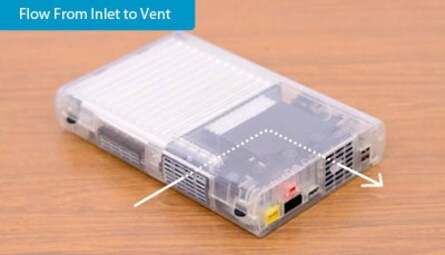 Nintendo reveals that the Wii U pumps out three times as much heat as its predecessor, so here's how the firm set about cooling the system: a heatsink sits atop the MCM module, cool air is pulled in from the side and the fan expels it from the rear. While we'd rather like a transparent Wii U, apparently this unit is just for demonstration purposes only.