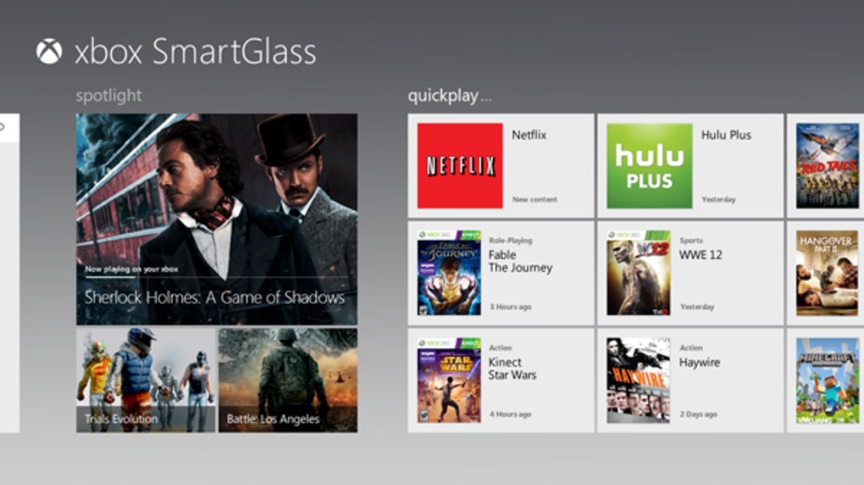 An interface shot of SmartGlass running on Windows 8 - so presumably, how we can expect it to look on Surface. It looks very much as though a large swathe of dashboard functionality has been ported over to the more intuitive touch-screen interface.