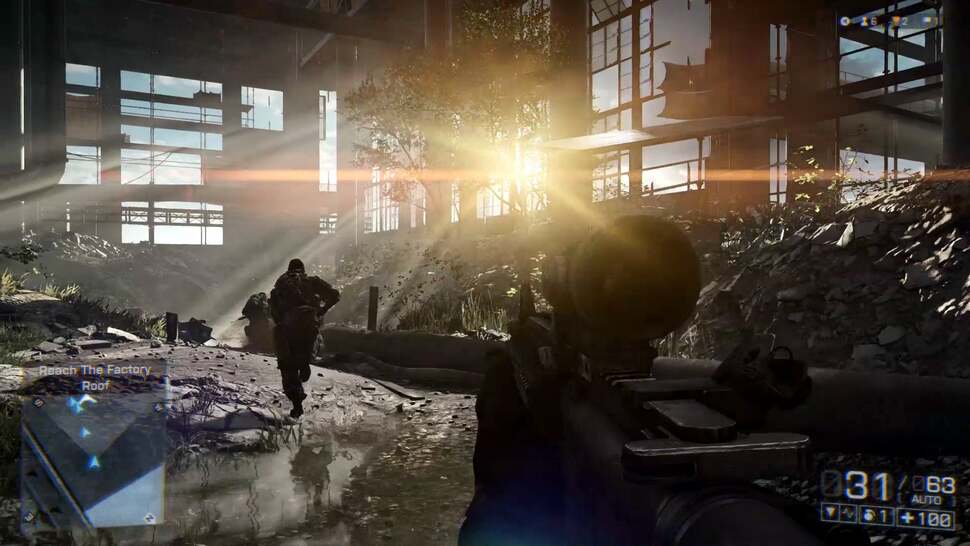 The latest Frostbite Engine 3 boasts state-of-the-art lighting effects that bring out DICE's strong visual direction. Every technical trick in the book is on show, from lens flare and light shafts seen here, to high-dynamic range lighting
