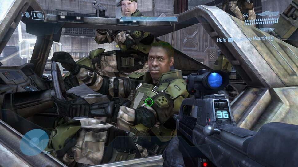 Halo 3's greatest visual weakness: human faces. Whether in cut-scenes or on the field, everyone looks hideous and the higher resolution does little to hide this. Also note the poor font scaling visible across the HUD.