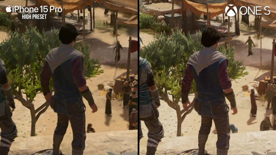 The iPhone 15 Pro version does render at a much lower internal resolution than the Xbox One code path - ~300p versus ~828p - yet the better upscaling on iPhone minimises the visual disparity between the two platforms.