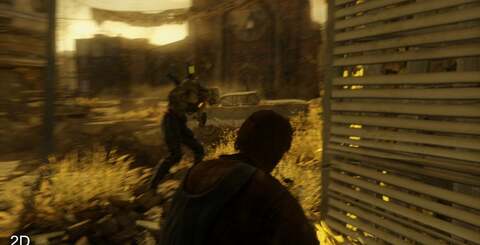 Our traditional 2D vs. 3D screenshot comparison. Resolution and certain effects such as motion blur and shadow view distance are pared back but the overall look is very similar.