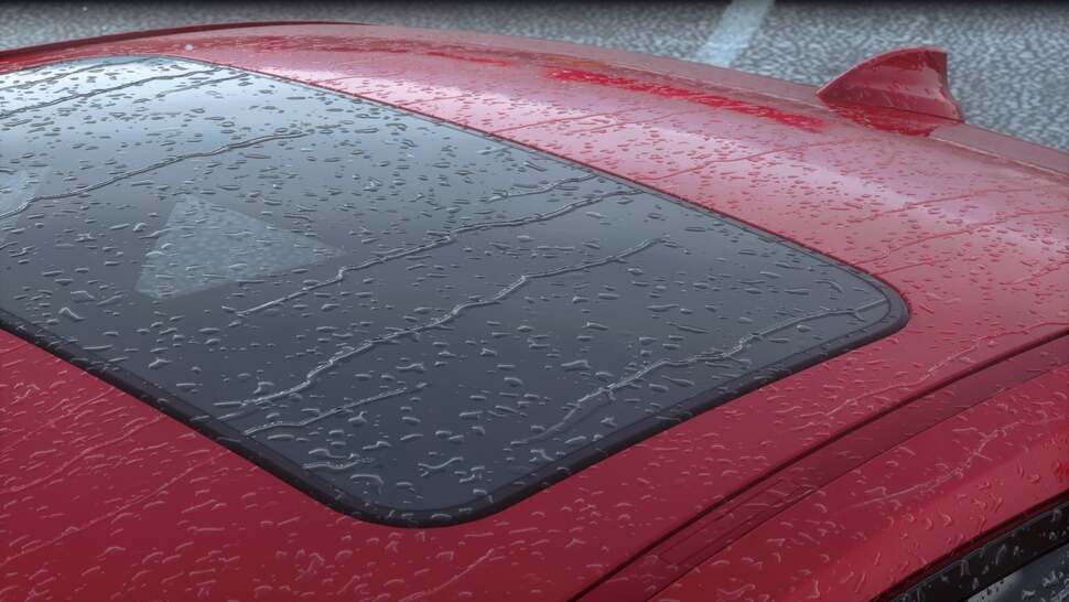 The way in which raindrops are rendered across paint surfaces is very convincing. This also highlights the incredible attention to detail - note how the small flap hiding the roof rack mounting hole is fully modelled