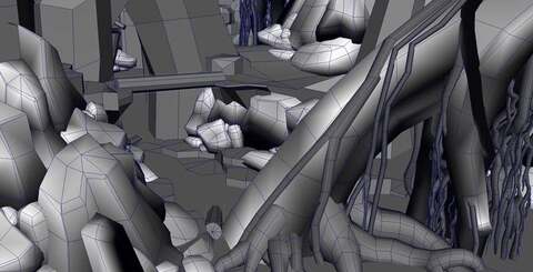 The initial block mesh work (top left) receives an artist draw-over, which is then reproduced in Maya (top right). After that, embellishing detail is added by the artists (bottom left) before we get the finished article from gameplay (bottom right).