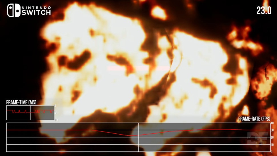 Throughout testing, the Switch version kept a locked 30fps throughout - with the lone exception being this full-on plane into building crash with screen-filling alpha effects, dropping the game to 23fps for a split-second.