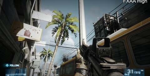 No anti-aliasing in the first shot and then we apply the various forms of AA the PC version of Battlefield 3 offers. The opportunity to utilise both post-process AA and 4x MSAA in the Ultra mode provides the best of both worlds.