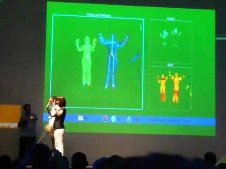 A couple of shots from Next Gen News' footage, showing the Natal tech demo running with one and two scanned skeletons. Appropriate Xbox 360 Avatars are shown at the top-right.