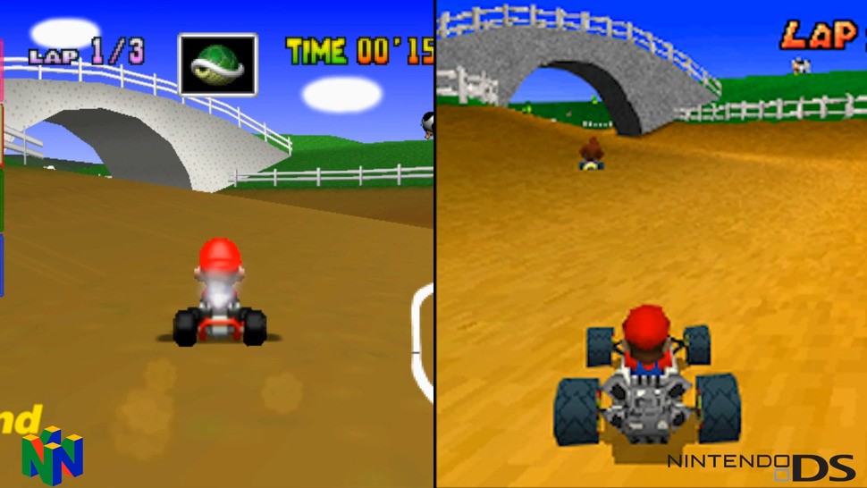 Super Mario Kart 64 represented a sometimes awkward transition to full polygonal 3D with a reduced performance level. The DS game is comparable in some respects as you can see - what it lacked in resolution and texture filtering, it made up for with 60Hz gameplay and fully polygonal characters.