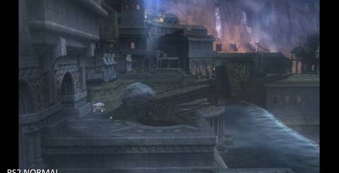 The God of War Collection maintains its frame-rate even in expansive, open environments. However, note the SD-quality background art to the right.