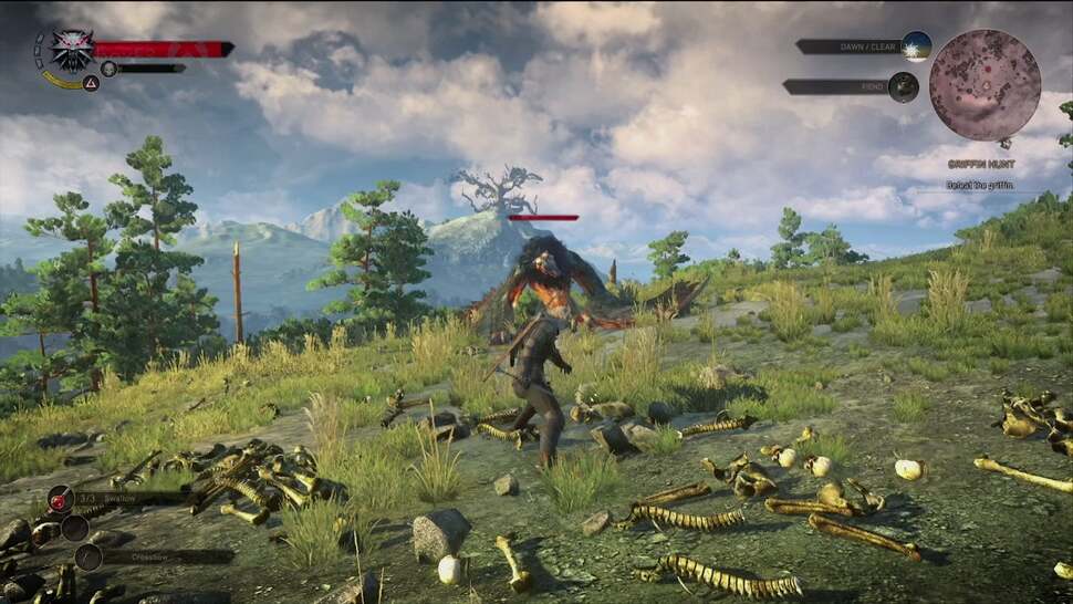 The Havok physics engine makes a comeback [UPDATE: it's actually PhysX], with each piece of rubble on the terrain shifting beneath Geralt's feet during battle