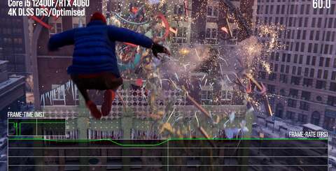 Up top, Fortnite on high UE5.2 settings with Lumen and Nanite active in stress-test scenes - 4K dynamic TSR vs native 1080p. On the bottom, Miles Morales at optimised settings using reconstructed 4K - but very high textures causes performance problems (bottom right).