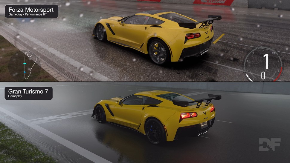 At a damp N&uuml;rburgring, it's clear that Forza offers a flashier look with more obvious reflections - but Gran Turismo's more diffuse specular reflections on the track with mirror-like reflections only in puddles are arguably more realistic.