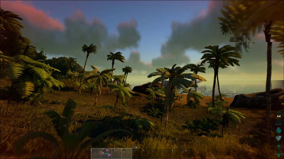 Dynamic lighting leads to some moody scenes in Ark, such as this view of the beach during sunset. However, lighting can also appear flat and quite harsh under brighter daylight conditions