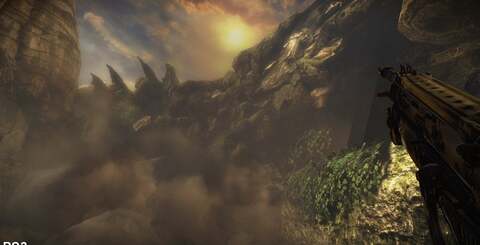 Fog-clipping (on the right, near the view weapon) and the fall-off of light into shadow are two examples of how some effects in PS3 Bulletstorm don't quite match the quality of the 360 equivalents.