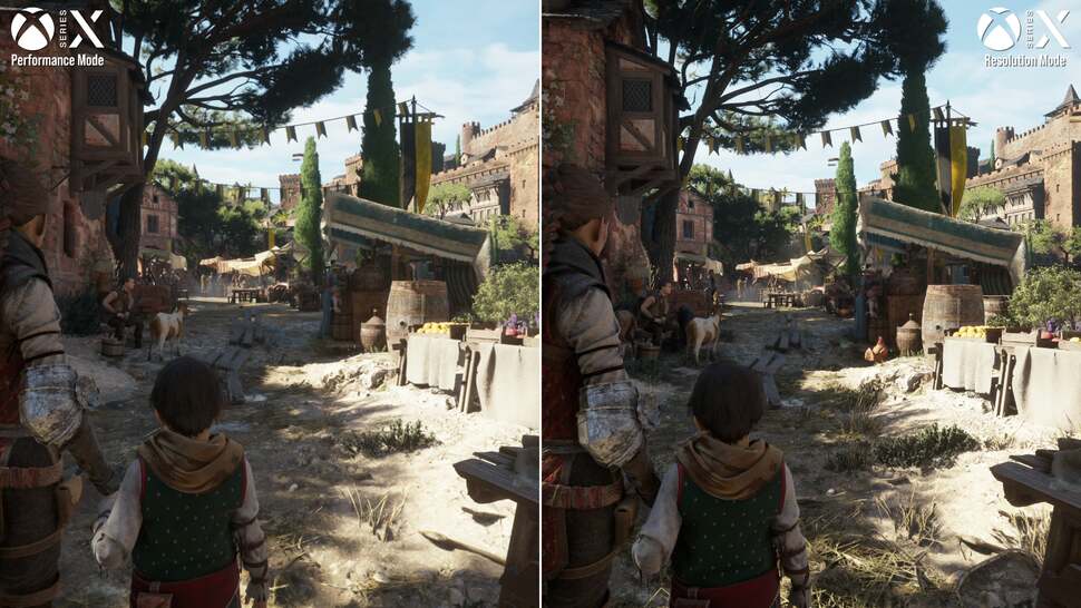 A Plague Tale Requiem's new 60fps perofrmance mode runs at a lower 1080p target on Series X - and PS5 - down from the 1440p of the resolution mode. It also reduces texture quality and scene complexity. Note the reduction in folage on the ground, and even the loss in fauna populating the 60fps mode's streets