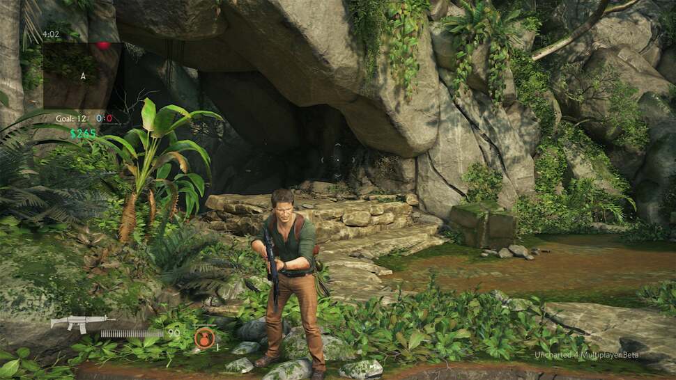 Uncharted 4's beta kicks off in traditional style with a forest map. Its 1600x900 delivery softens foliage details at range, but otherwise the action scales up well