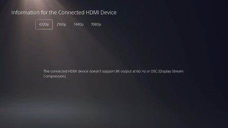 On the left, PS5 Pro's 8K output confirmed when connected to an 8K screen with DSC support. On the right, the Pro refusing to output 8K to our 8K capture card. The card supports 8K at 60Hz, but doesn't support DSC.
