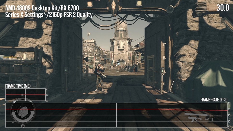 30 frames per second with consistent frame-times - unless we're GPU limited. Dynamic resolution scaling would take care of that. A decent 30fps cap should be included as an option on the PC version, we feel