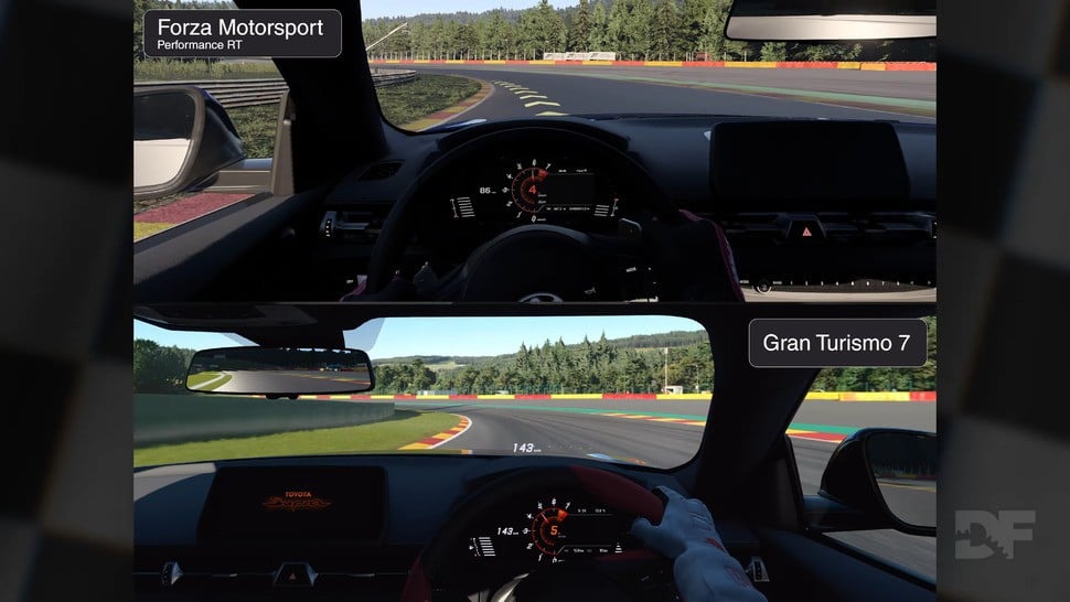 Forza and GT both offer an excellent recreation of the Supra, with realistic materials and lighting, but Gran Turismo has the slight edge with more working gauges. Having motion blur in the cockpit view is also nice.