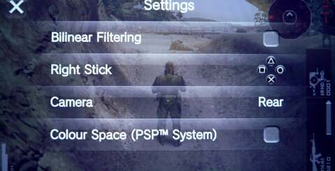 A great way to revisit old favourites on the system; 3D games such as Metal Gear Solid: Peace Walker benefit greatly from control customisation options and the larger OLED screen. In these shots you see the game running on PSP-2000 (top-left), Vita (top-right), Vita with bilinearing filtering engaged (bottom-left) and finally on the bottom-right is a shot of the PSP emulation options.
