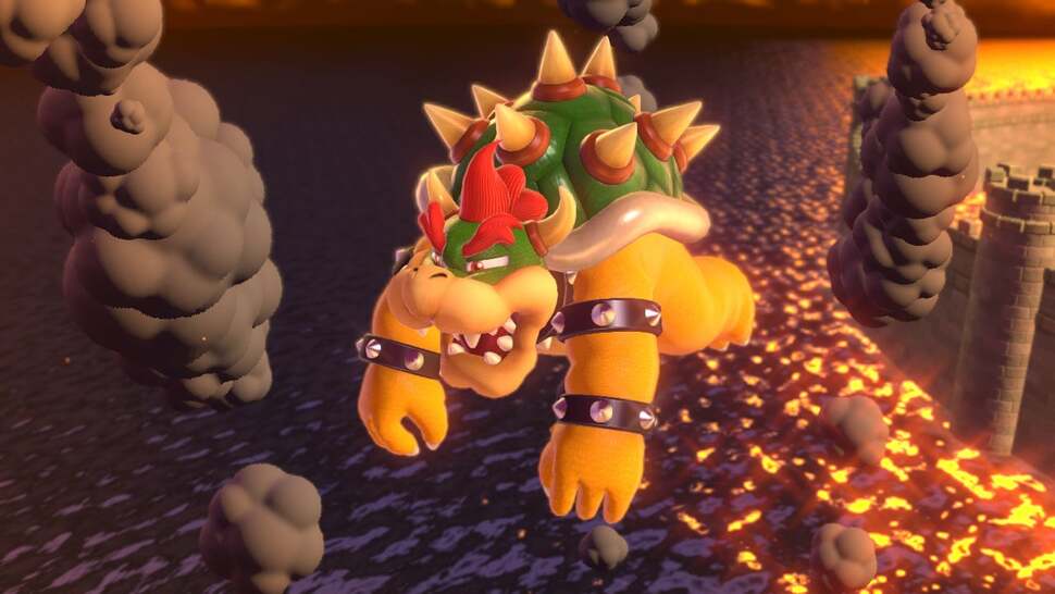 Bowser shows a mix of AA around his arm decorations while the edges making up his shell lack smoothing. The sparkling body of water is quite beautiful to behold while the plumes of smoke have proper light sources in motion giving them depth