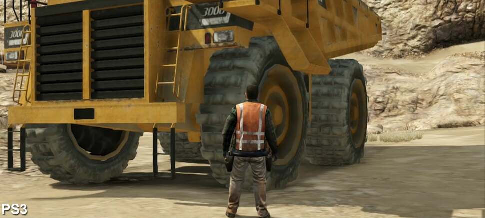 This single dump truck highlights a huge number of improvements made to the game's tech. Clearly, the model is significantly more detailed on PS4, wheels in particular, but it's also shaded more realistically with the use of ambient occlusion