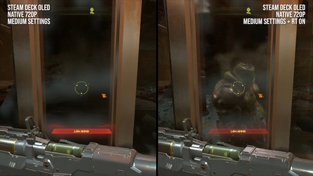 The Steam Deck OLED is a capable performer when it comes to Doom Eternal with ray tracing, and its reflections are noticeable even on a small screen. Higher RT settings having an understandable impact on performance.