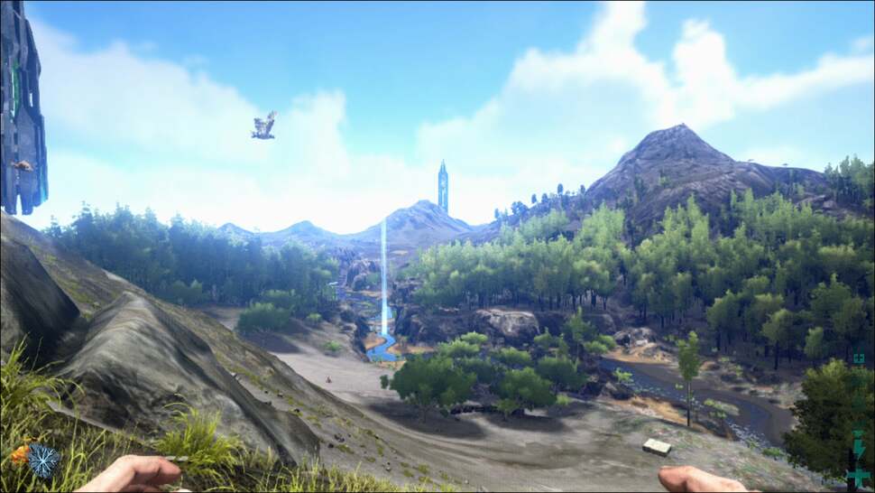 Wide-ranging vistas and long draw distances are present in Ark, but these don't contain the level of detail seen on other current-gen open world titles. Object density is significantly reduced on distant scenery, with just the key details rendered
