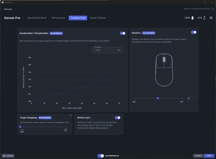 SteelSeries GG software is well laid-out and offers some unique options. A web app is also available with an identical layout, though acceleration, rotation and angle snapping settings aren't available, along with the sensitivity matcher. Click to enlarge. 