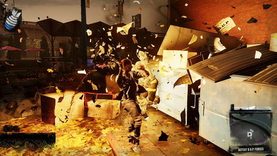 Even during fast-paced action scenes, details whiz by the camera that would remain impossible to see without a still shot. Take the flying piece of newspaper triggered by slamming the dumpster on the right; it's fully legible