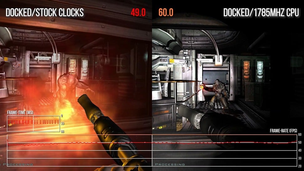 Flashlight shadows on the Switch version of Doom 3 can cause severe frame-rate drops - which are pretty much totally resolved just by overclocking the CPU - a surprising result