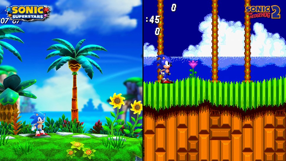 Sonic Superstars hews closely to the OG Sonic titles, with sharp and legible foregrounds, bold colours and clear shapes, with layers of background elements that move at different speeds to mimic parallax scrolling.