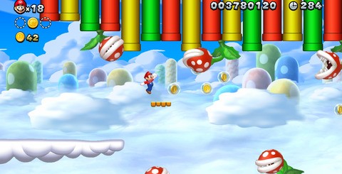 The Wii U version achieves a look which wasn't seen on last console release. We now have a bumped up polygon count with several giant Piranha Plants on-screen at once, and also far more stylised backgrounds with more 3D elements.