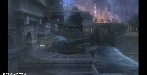 The God of War Collection maintains its frame-rate even in expansive, open environments. However, note the SD-quality background art to the right.