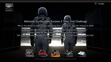 The demo's splash screen confirms that this is indeed a GT5 demo, though content and options are limited for the purposes of the time trial competition.