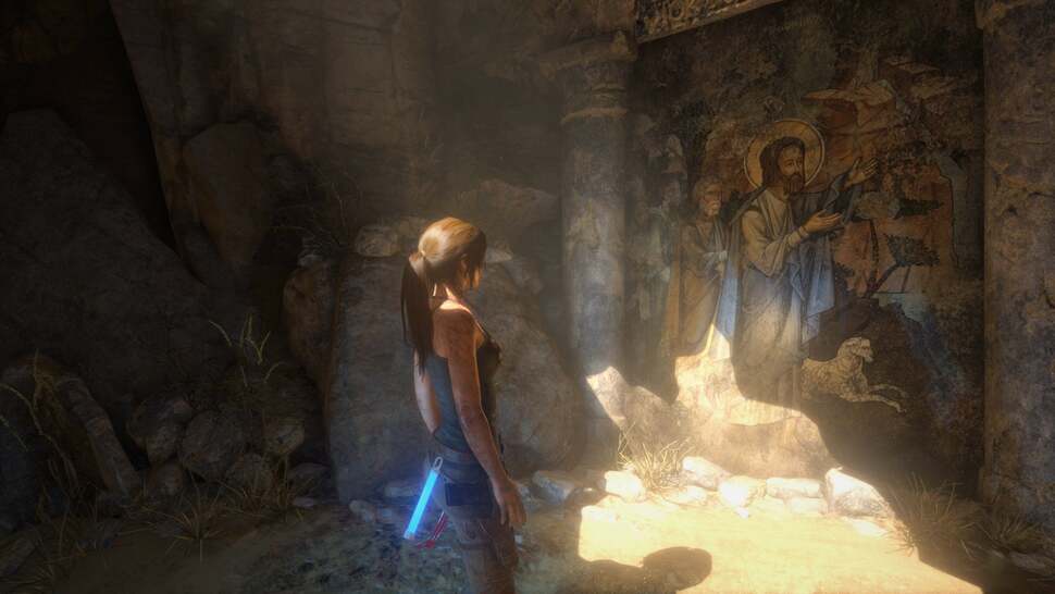 Volumetric lighting is used throughout the game to add visual depth to the scene. We also see some exquisite texture work here in this Syrian temple