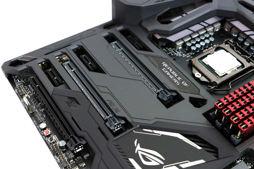Asus ROG branding adorns the plastic shroud that protects the board components. The two main PCIe slots here are reinforced to protect the board from multiple GPU insertions
