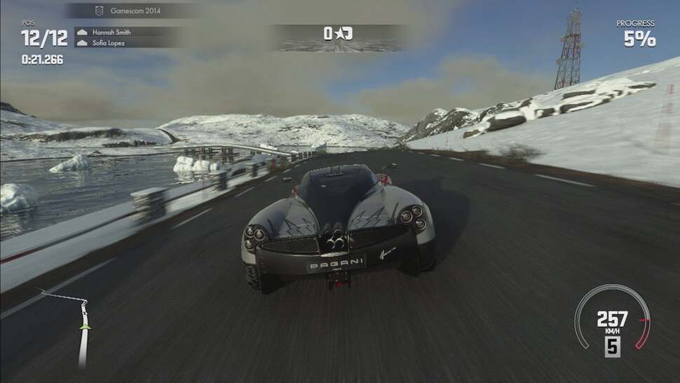 Dynamic time-of-day (TOD) makes the grade from day one, however, changing the visual landscape for each race. Here we see Norway's low-cast Winter sun causing a long play of shade from the Pagani