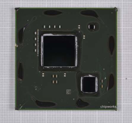 The NeoGAF community started a collection to buy Chipworks' reverse-engineering photos of the Wii processors, but alas the existing photography wouldn't have told us anything new. On the left we see the markings on the heatspreader while on the right we see the metal shield removed and the GPU and CPU revealed.