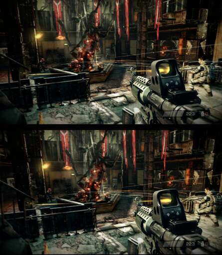 Killzone 3 really pushes back the boundaries of the PS3 architecture in 2D mode - the fact that there's a stereoscopic 3D mode at all is something of a technical marvel. Here you can see the 3D framebuffer as it leaves the PS3, left eye view on top, right on the bottom.
