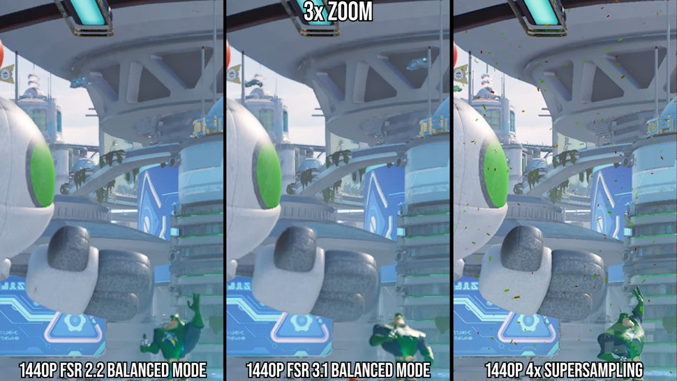 Objects that lack motion vectors, such as confetti in this scene, feature reduced trails with FSR 3.1 - yet comparisons with a 4x super-sampled image reveal that some confetti in the scene is disappearing with either FSR version engaged.