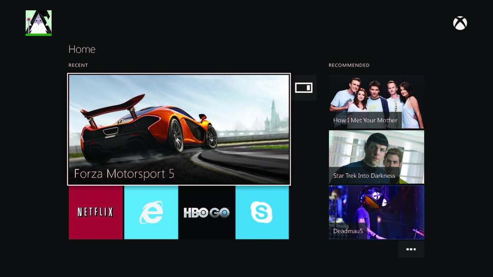 The Xbox One home screen. Microsoft retains elements of the design philosophy surrounding the current iteration of the 360 dash, but aims to make the whole experience more elegant and simple.