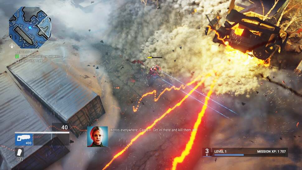 Buildings crumble in a plume of volumetric smoke when destroyed. Notice how the smoke reacts to the light cast by the exploding car