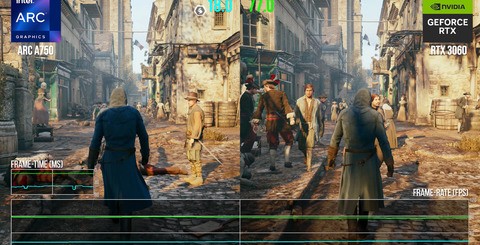 The highs and lows of Arc A750 beyond the modern game benchmarks. ReBAR is essential for your system, otherwise the performance loss is too high (top-left). Crysis 3 Remastered showed that sometimes legacy titles work out just fine for Arc (top-right). However, COD Infinite Warfare always crashes in the first campaign mission (bottom-left), while Assassin's Creed Unity is still a DX11 disaster (bottom-right). Click on the images for higher resolution.