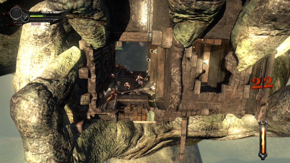 The bold opener is hinged around a city-bound titan who twists the landscape as Kratos travels through. Effects work here proves less of a showcase than the Poseidon duel in God of War 3, but environmental detail is clearly beyond what we've seen before