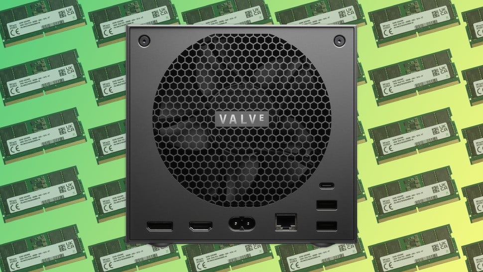 Steam Machine with 16GB DDR5 SODIMM RAM tiled in the background