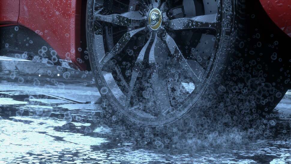 Impressively, the particles kicked up by tyres consist of a grouping of smaller particles. Also note the wetness properties of the car's wheel