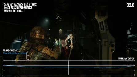 Dead Space's performance on the M1 Max is decent - although traversal and shader compilation stutters are noticeably worse than on PC with pauses of up to 1.5s.