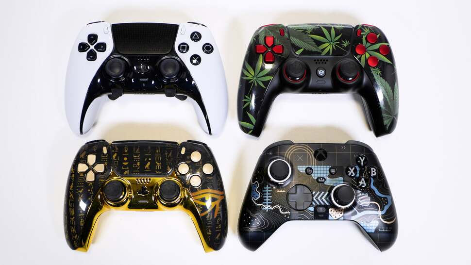 The DualSense Edge (top left) and other high-end controllers: Hexgaming Rival Pro (top right), MegaModz PS5 (bottom left), Scuf Reflex Pro for Xbox (bottom right)